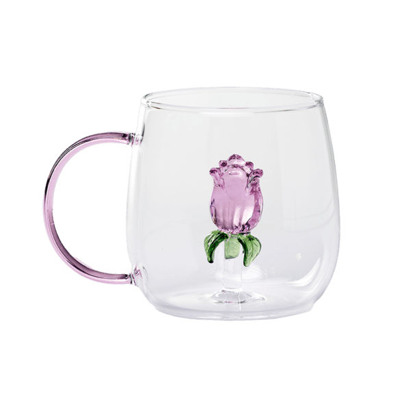 Glass cup with pink handle and 3D pink rose flower inside