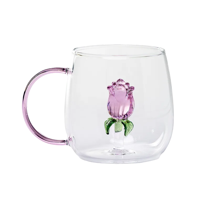 Glass cup with pink handle and 3D pink rose flower inside