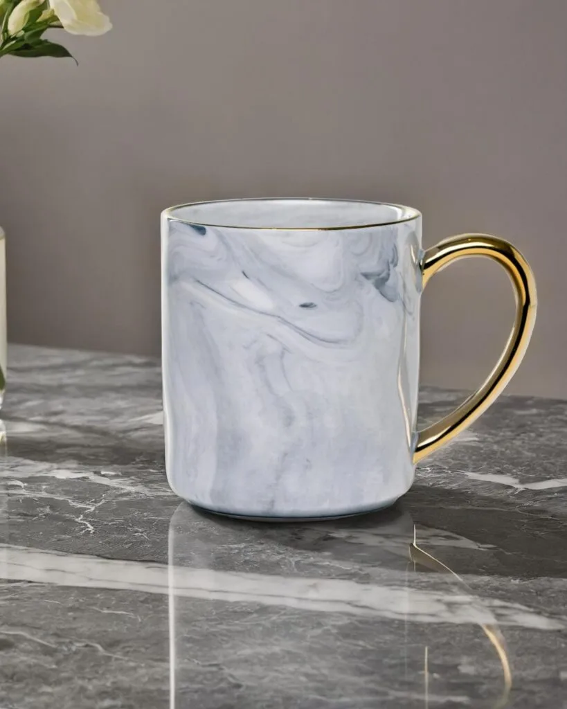 Ceramic mug with a granite look and a golden handle on a marble top.