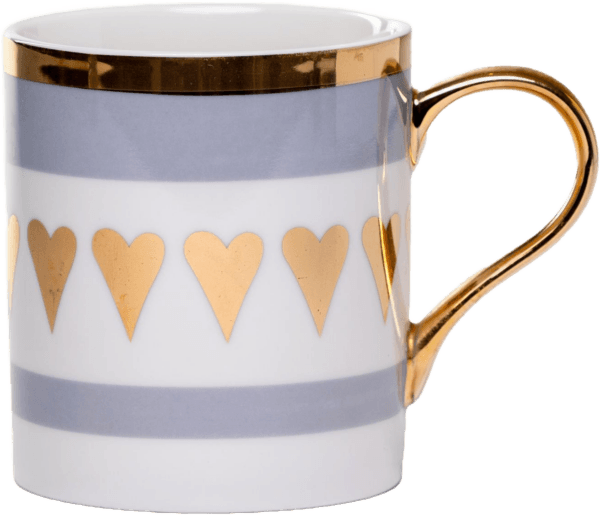 Ceramic mug adorned with golden hearts and a golden handle.