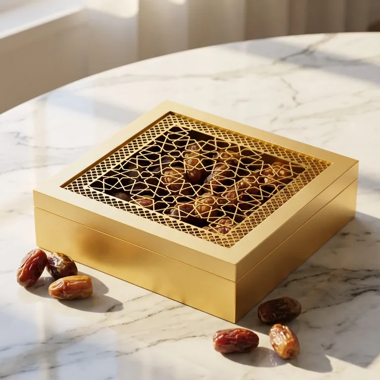 Gold decorative box with intricate arabesque lattice lid filled with dates, displayed on marble surface with scattered dates alongside