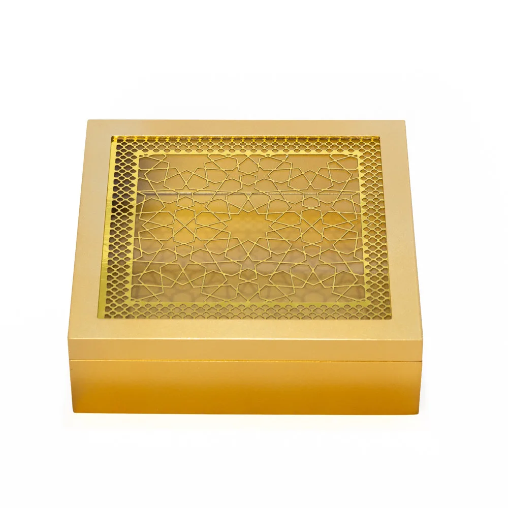 wooden Square gold storage box with intricate laser-cut Islamic geometric pattern on the lid.