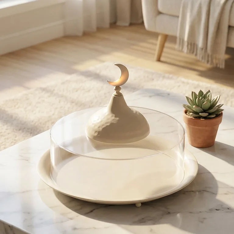 Cream serving plate with glass dome cloche topped by decorative crescent moon finial on metallic base