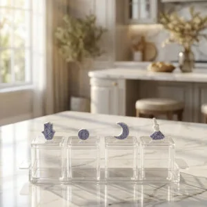Four-compartment clear acrylic storage set with blue and white ceramic lids featuring Hamsa, circle, crescent moon, and dome shapes