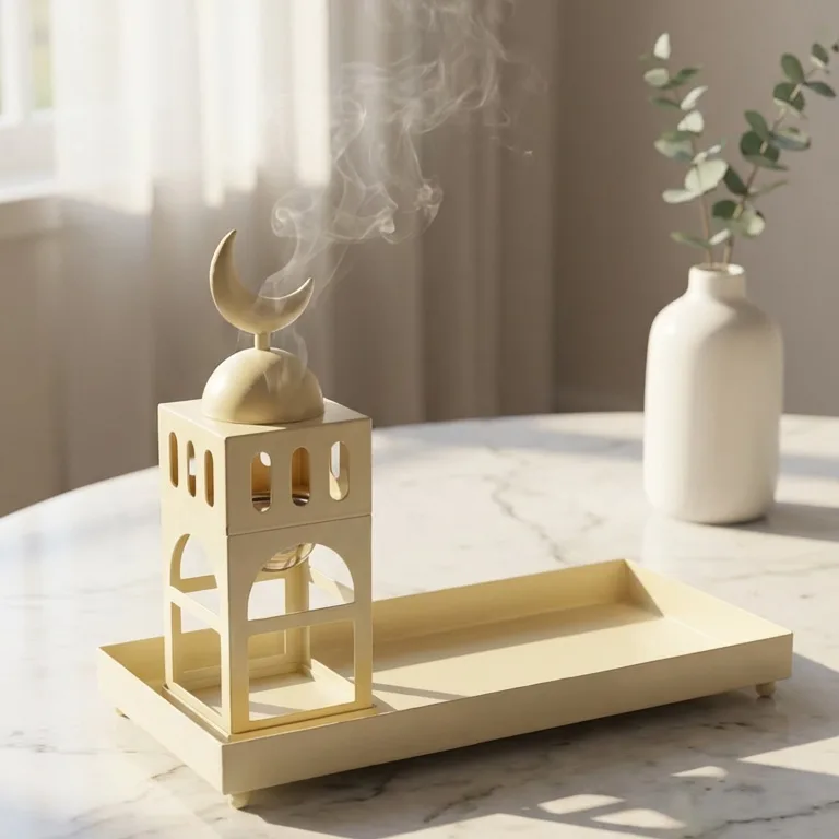 Cream metal minaret-shaped incense burner with crescent moon topper releasing fragrant smoke, paired with matching rectangular tray