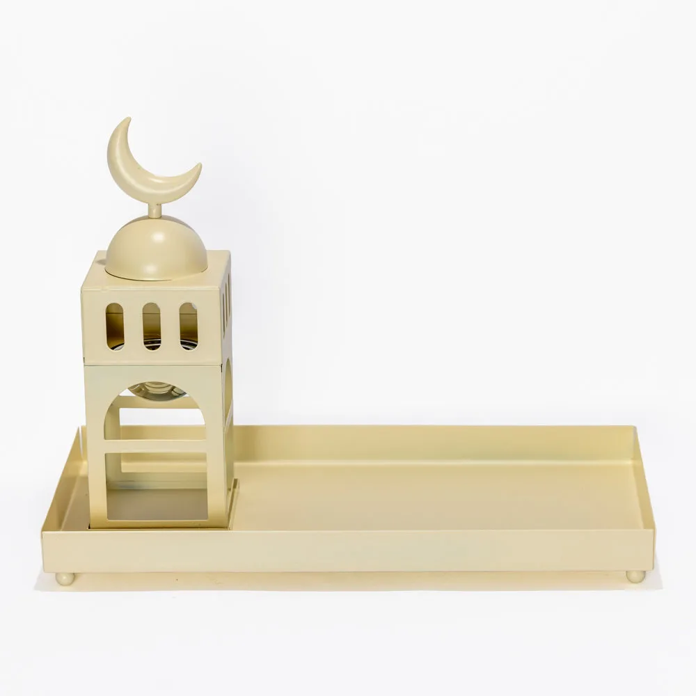 Cream metal modular incense burner set that transforms from a stacked mosque silhouette into a separate tray and burner station.