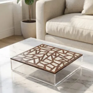 Clear acrylic box with geometric wood and mother of pearl mosaic lid in abstract angular pattern