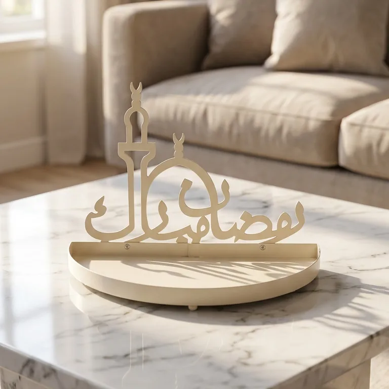 Soft cream metal crescent moon tray with decorative Arabic Ramadan Mubarak calligraphy and minaret silhouette backpiece